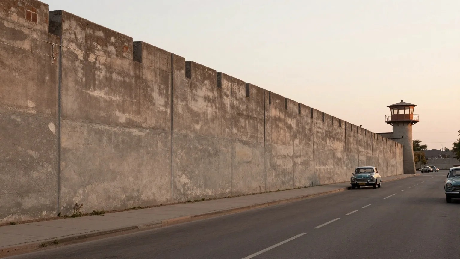 Eine lange graue Betonmauer zieht sich in der Dämmerung durch eine leere Straße, dahinter ein Wachturm