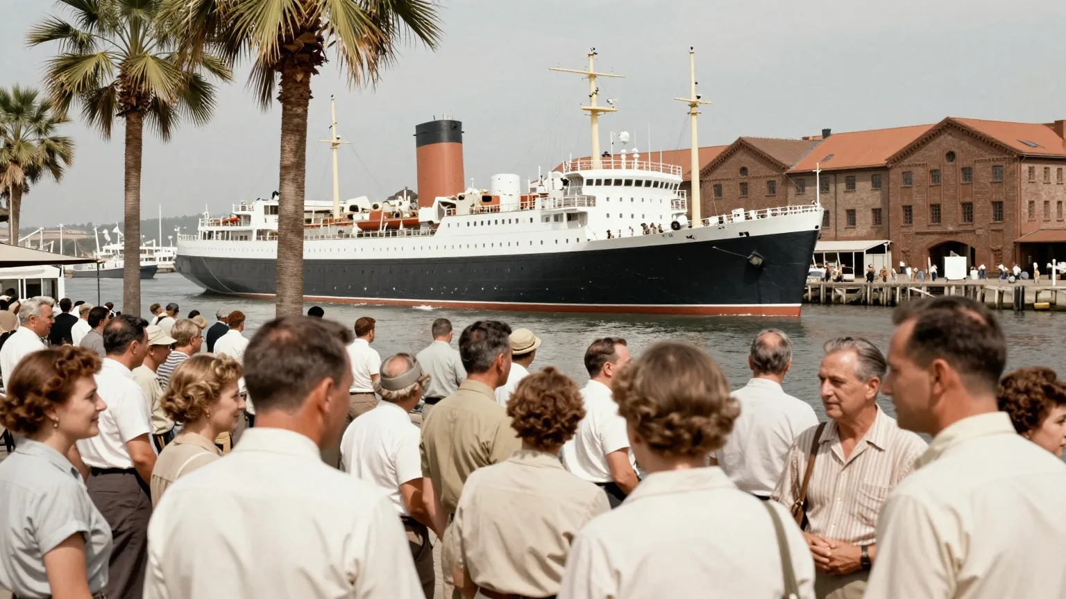 Menschen in heller Kleidung stehen an einem tropischen Hafenkai und sehen einem auslaufenden Schiff nach