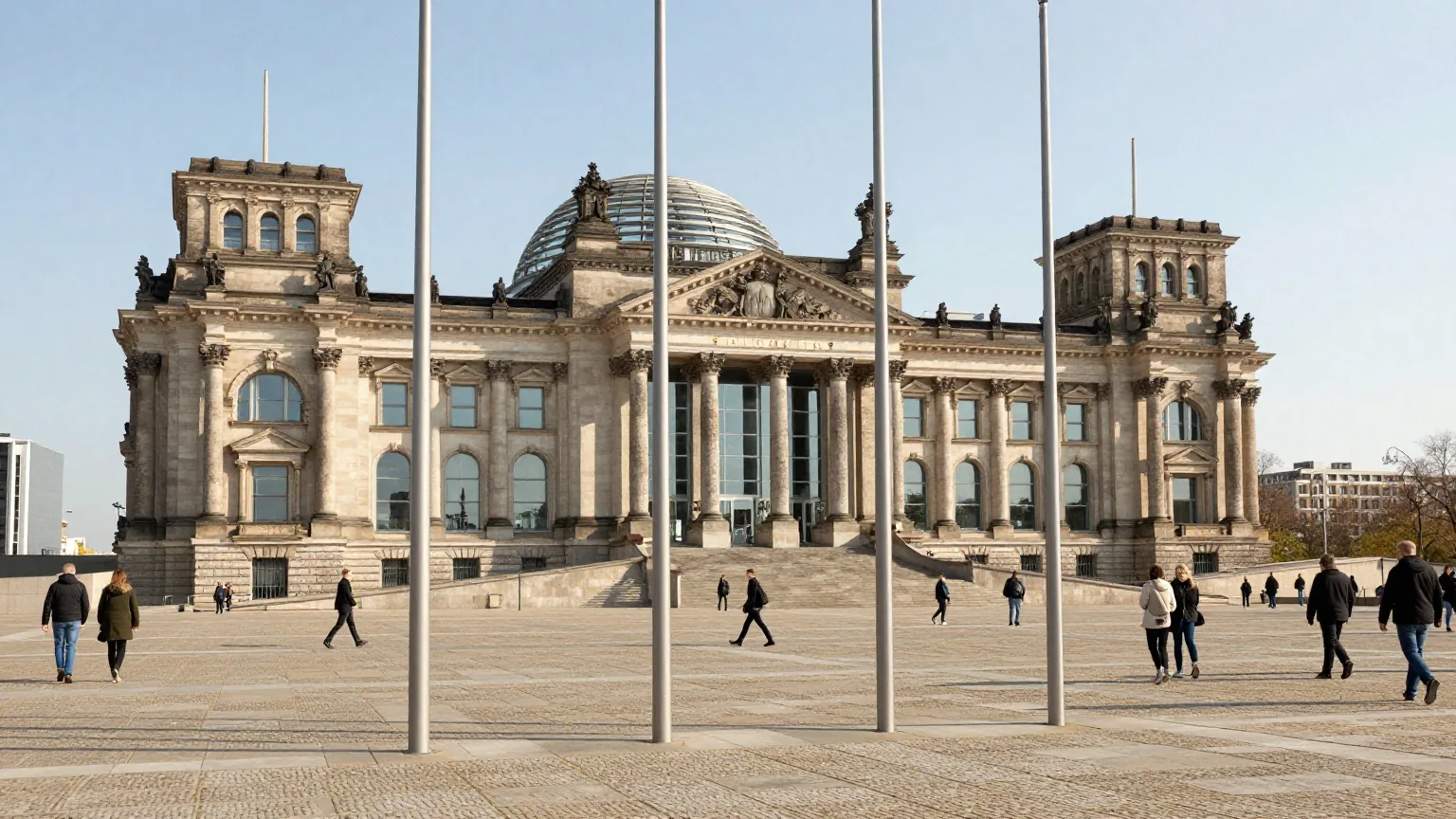 Eine Reihe Fahnenmasten vor einem modernen Parlamentsgebäude aus Glas an einem hellen Frühlingsmorgen