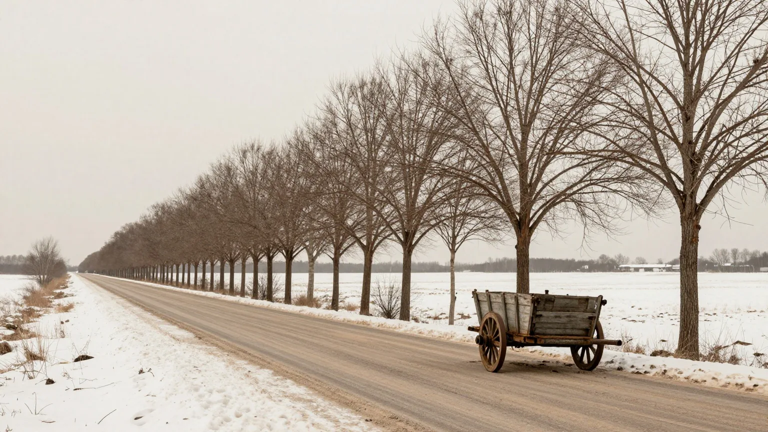 Eine lange leere Landstraße mit kahlen Bäumen durch eine verschneite Ebene, am Rand ein verlassener Handwagen
