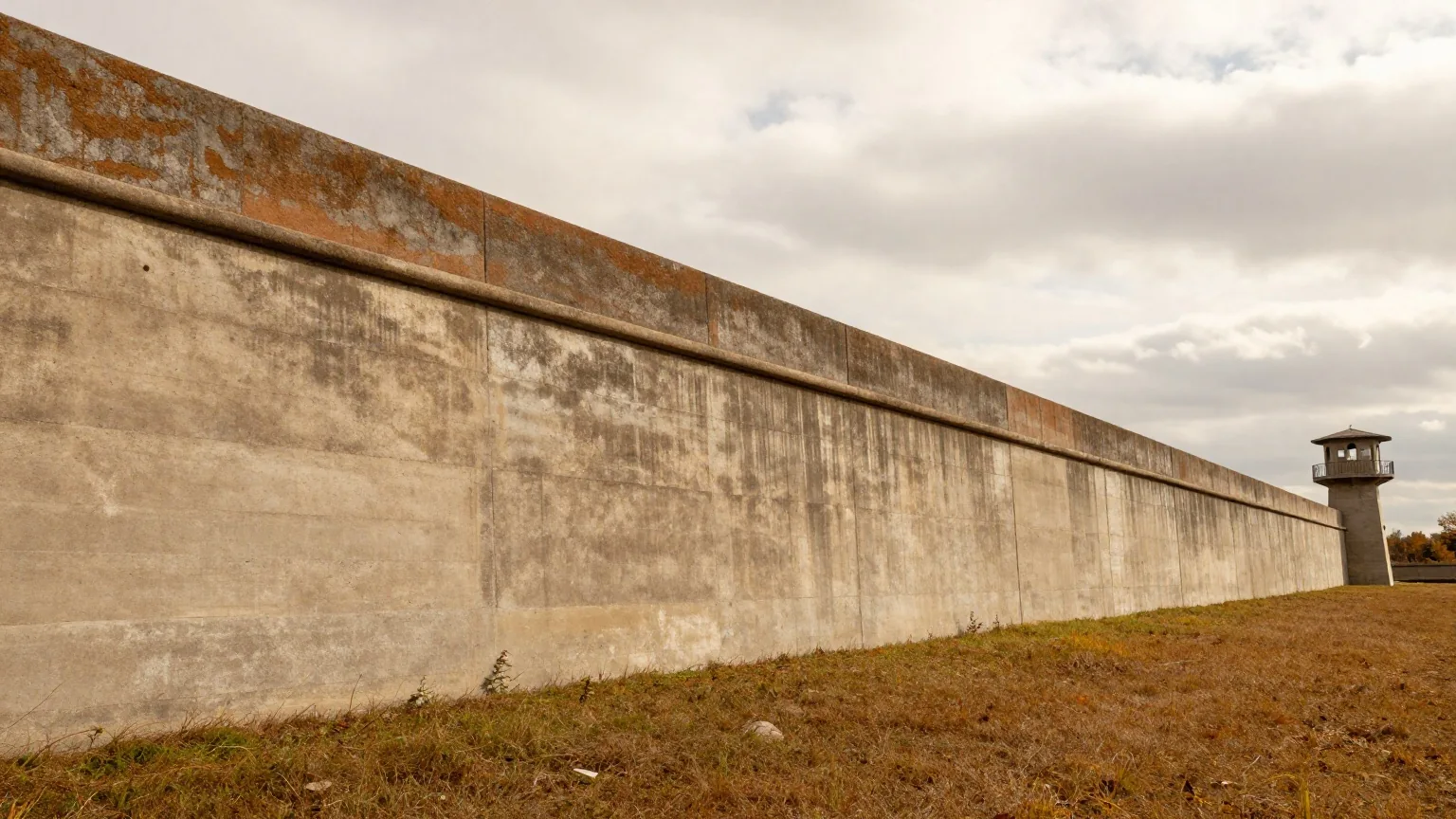 Ein langes Stück alter Betonmauer auf einem Grasstreifen unter Wolken, in der Ferne ein einzelner Wachturm