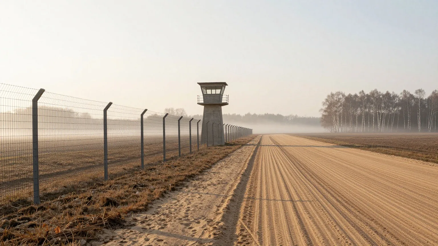 Ein leerer Grenzstreifen mit hohem Drahtzaun und Betonwachturm im Morgennebel zwischen Feldern und Birken
