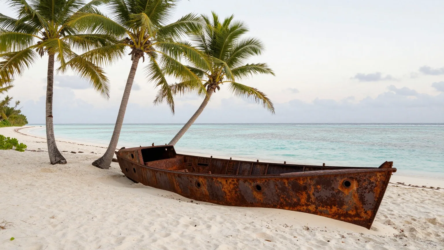 Ein stiller Atollstrand im Morgengrauen mit dem verrosteten Rest eines alten Landungsboots im Sand