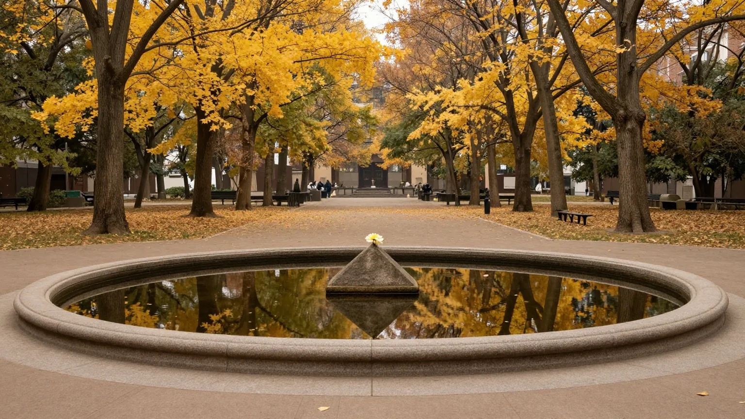 Ein rundes dunkles Wasserbecken in einem Park im Herbst mit einem dreieckigen Stein und einer einzelnen Blume