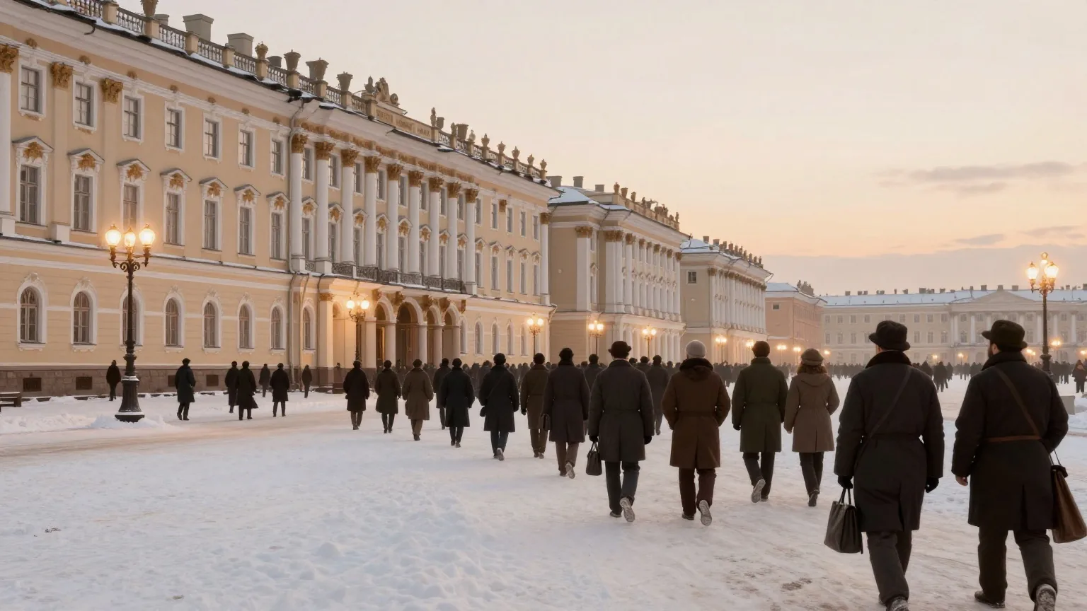 Eine Menschenmenge in dunklen Wintermänteln zieht über einen verschneiten Boulevard auf eine Palastfassade zu