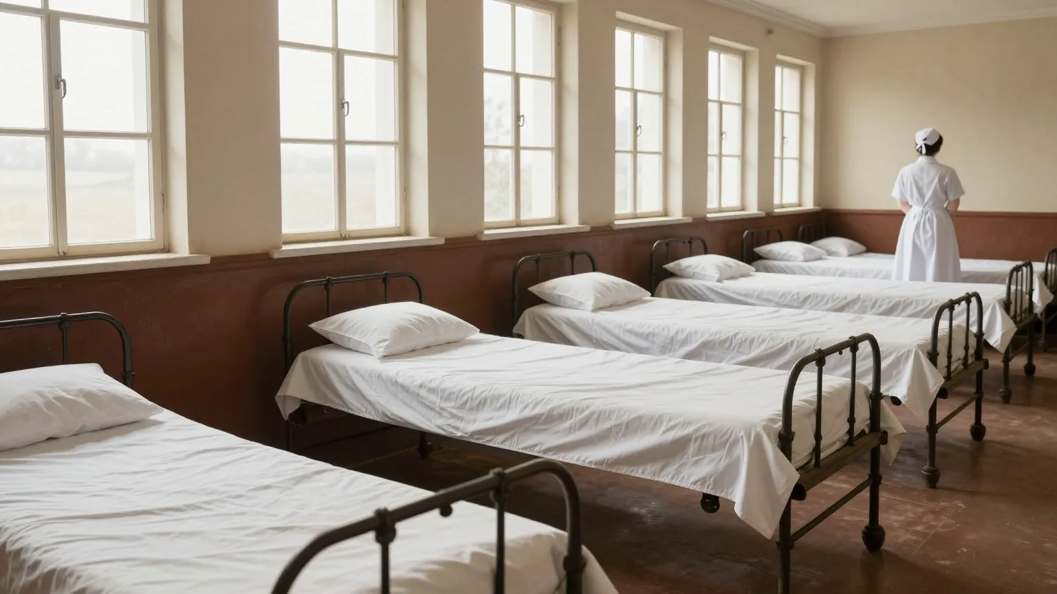 Ein langer Krankensaal mit Reihen eiserner Betten und weißer Wäsche, hinten eine Pflegerin von hinten