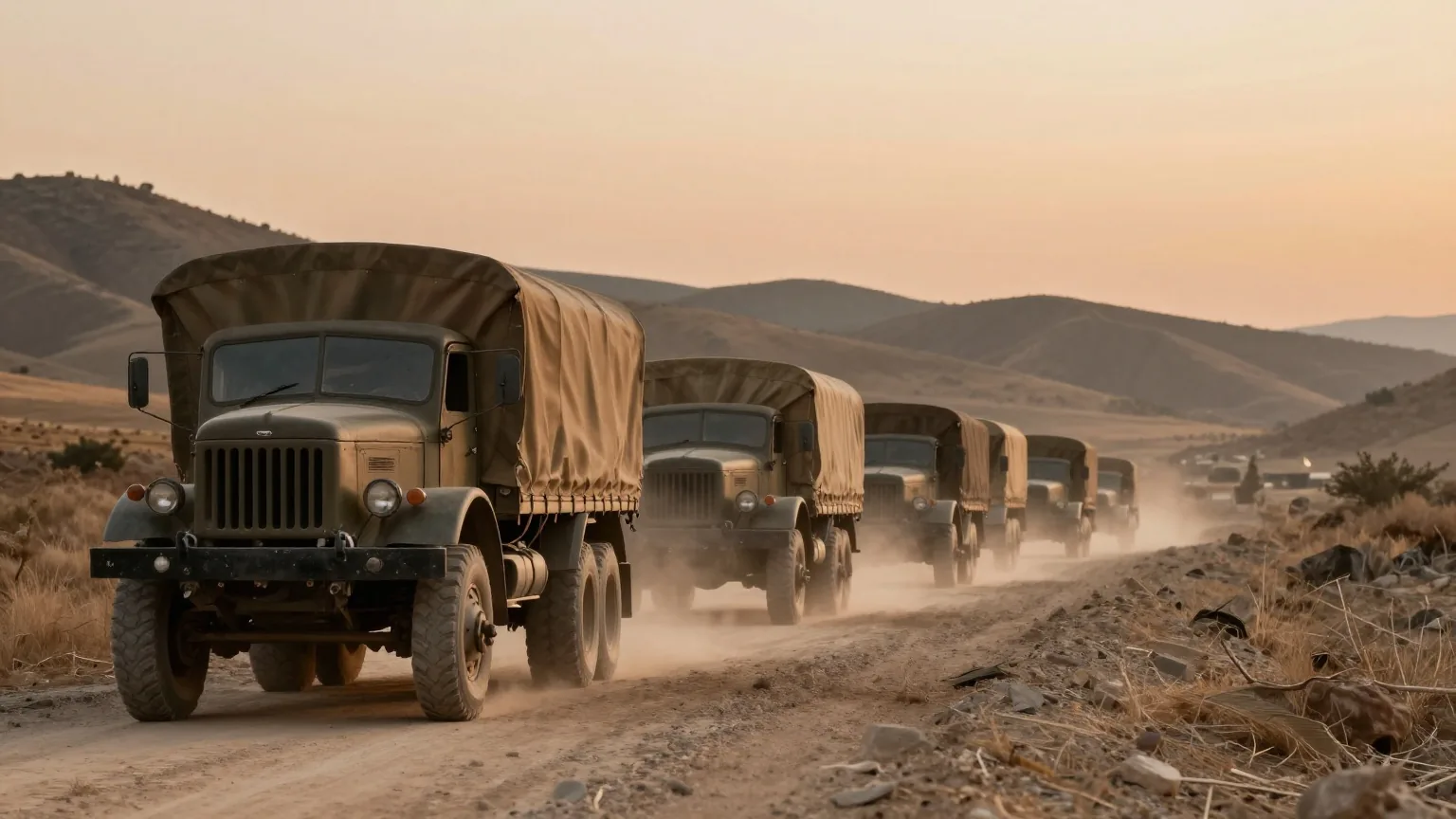 Eine Kolonne alter Militärlastwagen mit Planen fährt in der Dämmerung über eine staubige Bergstraße