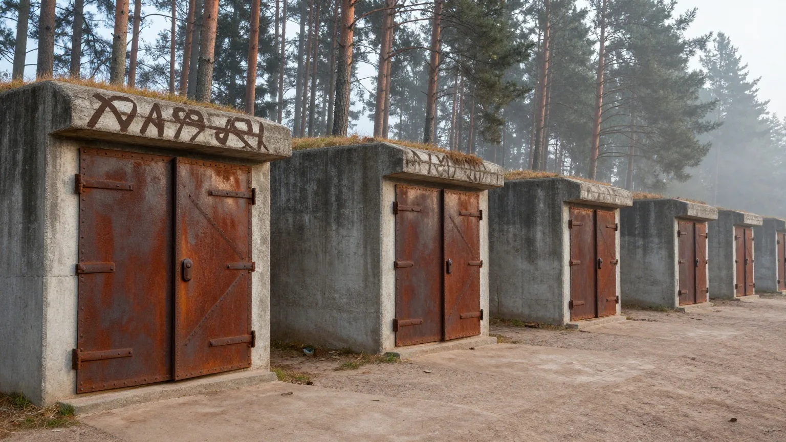 Eine Reihe leerer Betonbunker mit schweren Stahltüren in einem nebligen Kiefernwald im Morgenlicht
