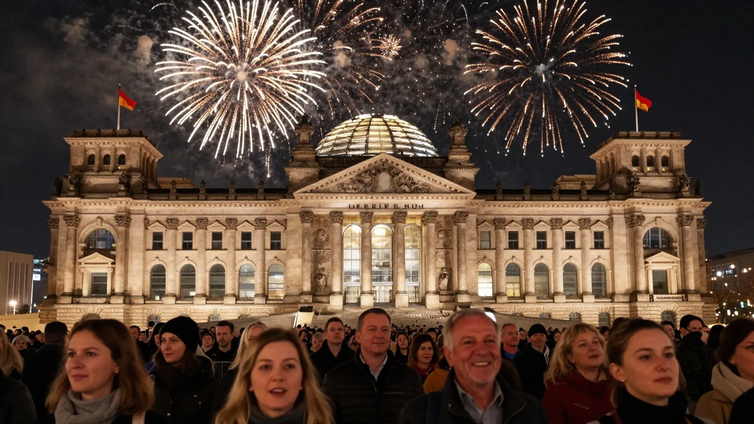 Eine große feiernde Menschenmenge vor einem historischen Parlamentsgebäude bei Nacht mit Feuerwerk am Himmel
