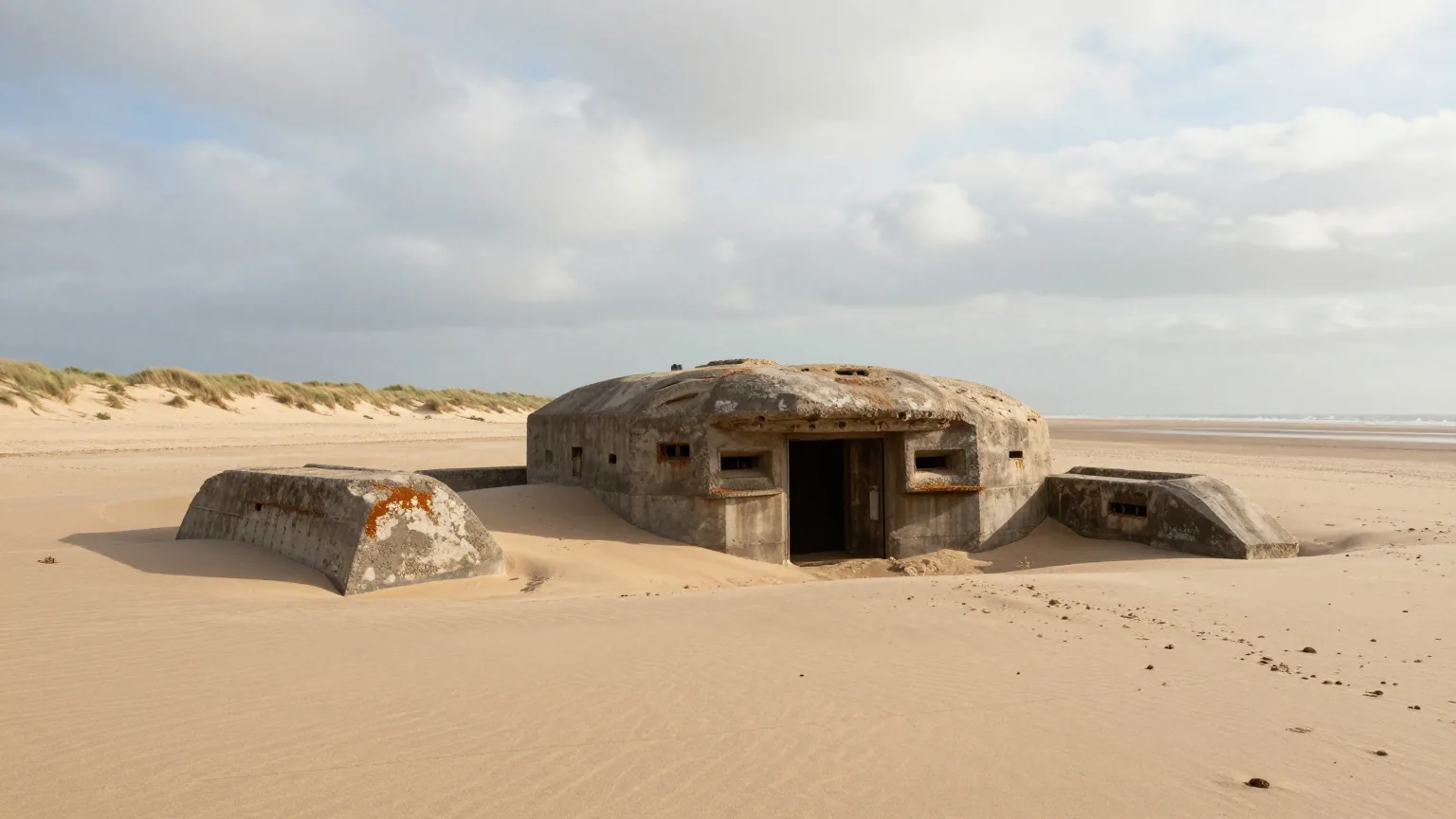 Ein weiter Strand in der Normandie bei Ebbe mit verwitterten Betonresten von Bunkern in den Dünen