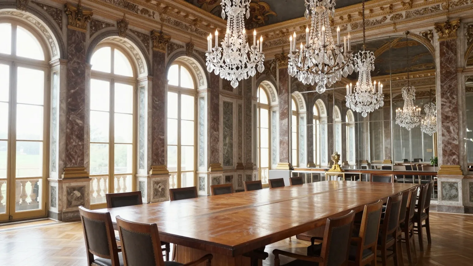 Ein prunkvoller Saal mit hohen Spiegeln und Kronleuchtern, in der Mitte ein langer leerer Konferenztisch