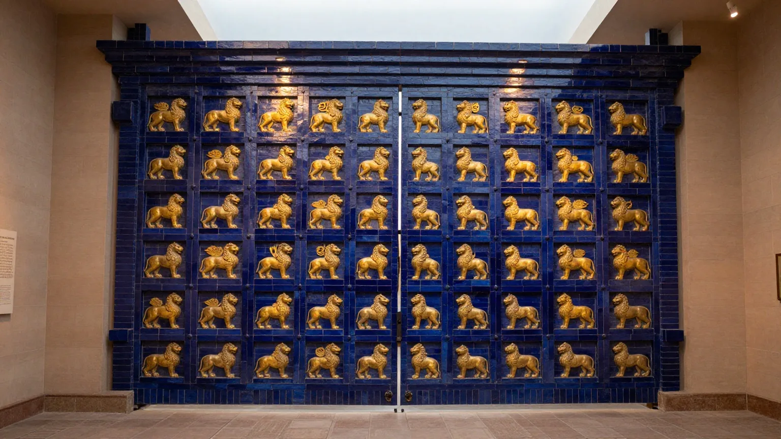 Ein monumentales Stadttor aus tiefblauen glasierten Ziegeln mit goldgelben Tierreliefs in einem Museumssaal