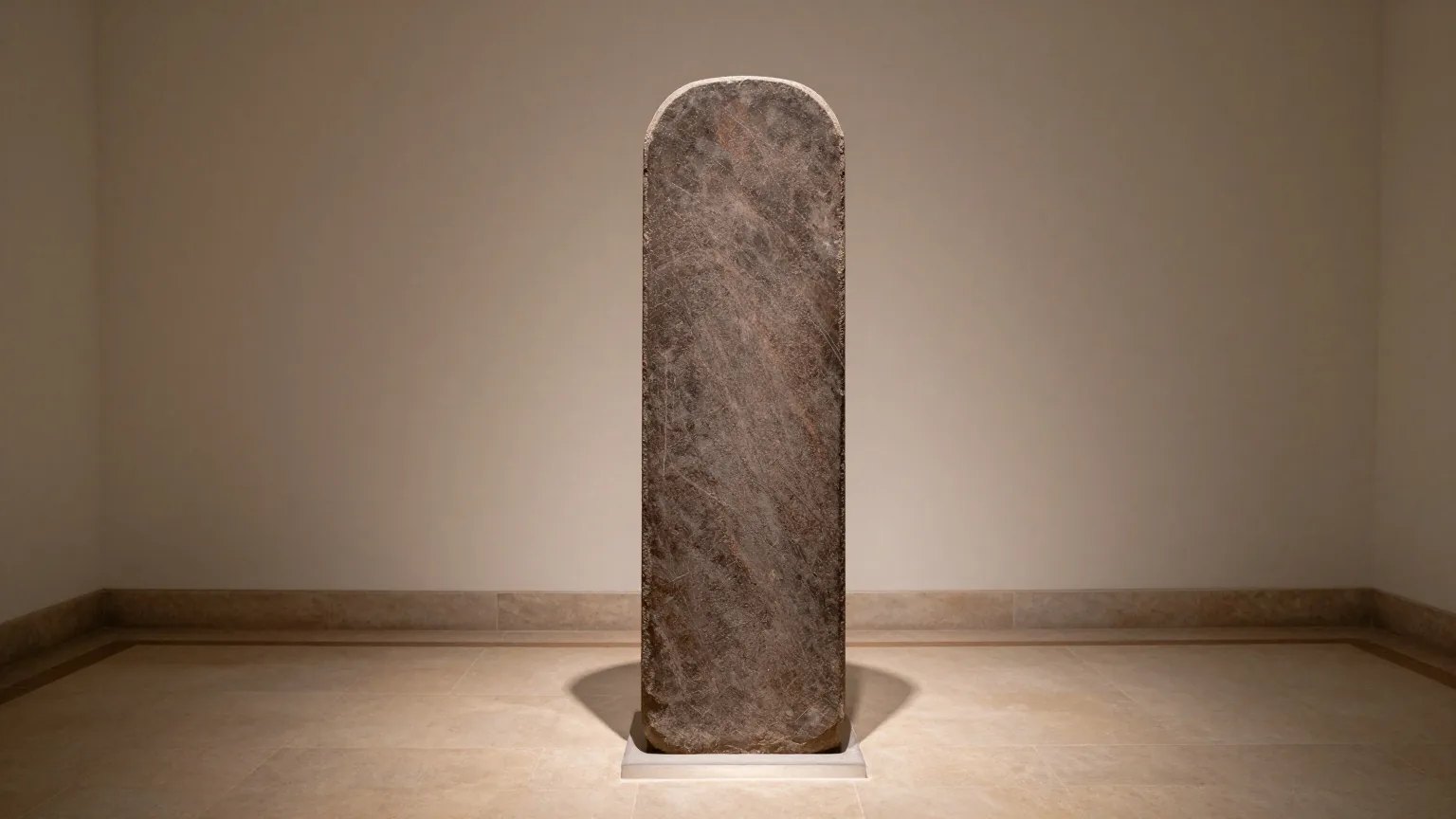 Eine hohe dunkle Steinstele steht allein in einem gedämpft beleuchteten Museumssaal unter einem Lichtkegel