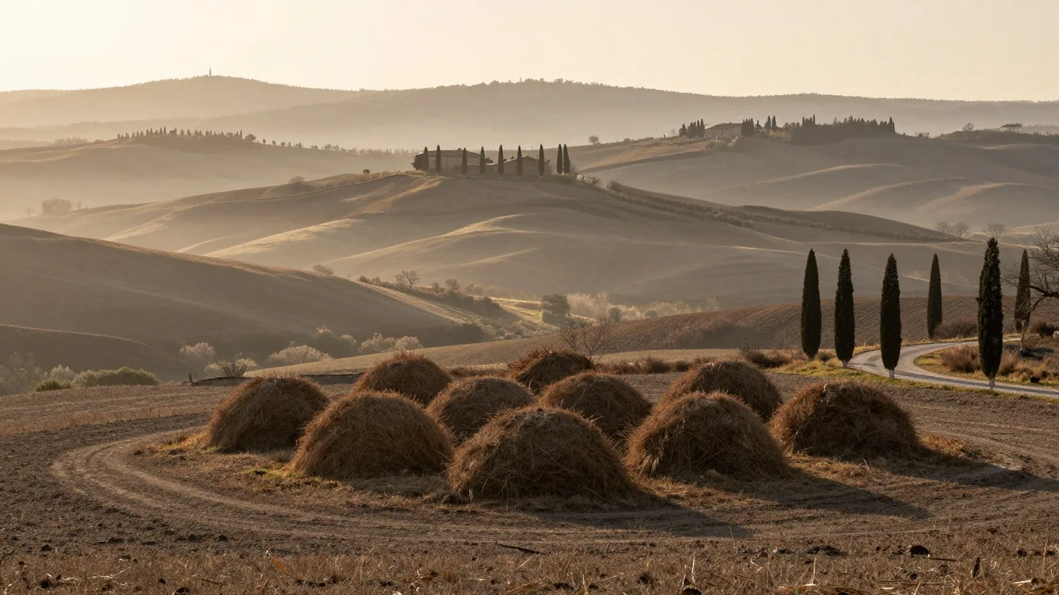 Runde, mit Gras bewachsene Grabhügel in einer hügeligen Landschaft mit Zypressen bei Sonnenaufgang