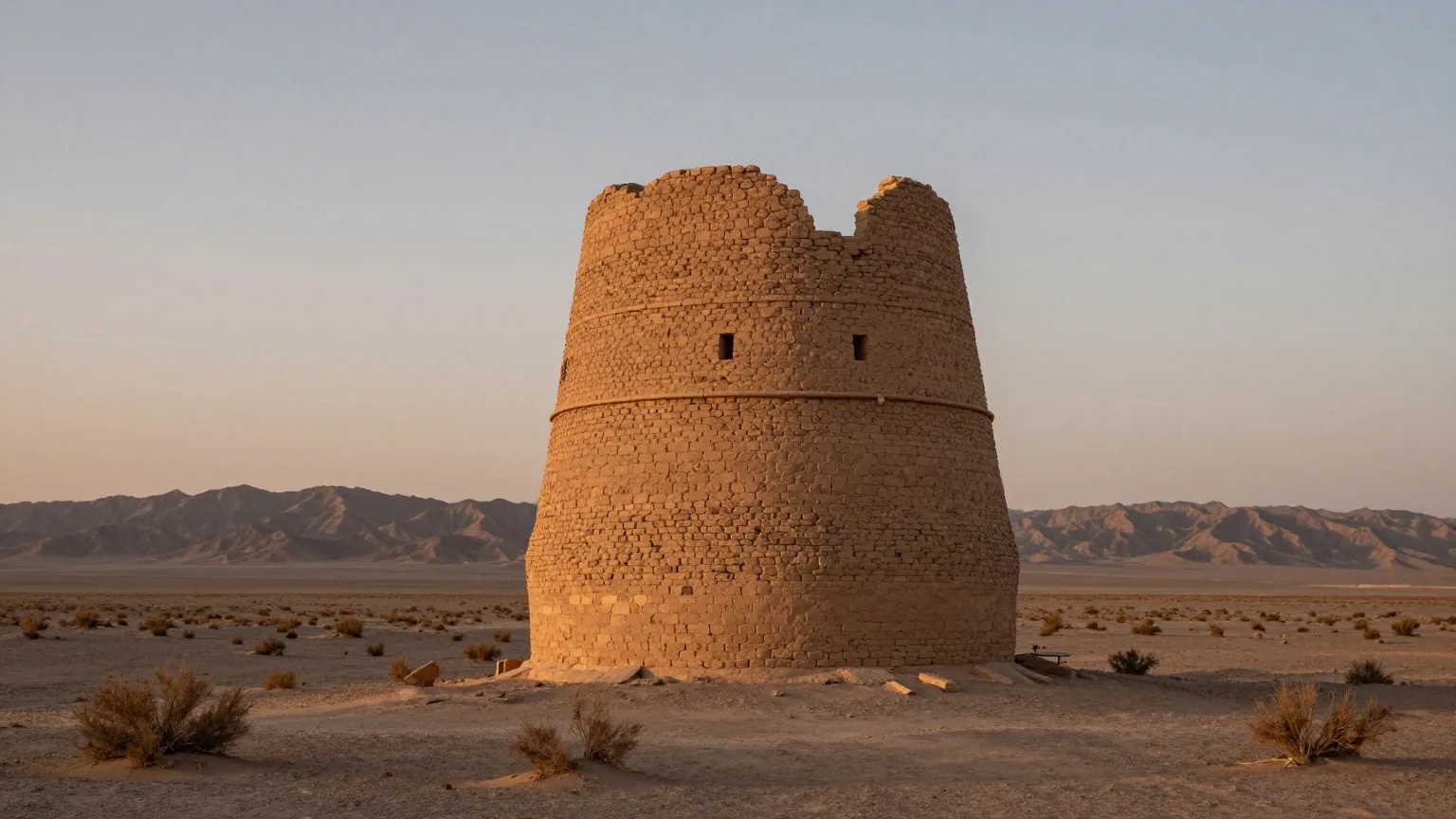 Die Ruine eines alten Wachturms aus gestampfter Erde in einer weiten Wüstenlandschaft in der Abenddämmerung