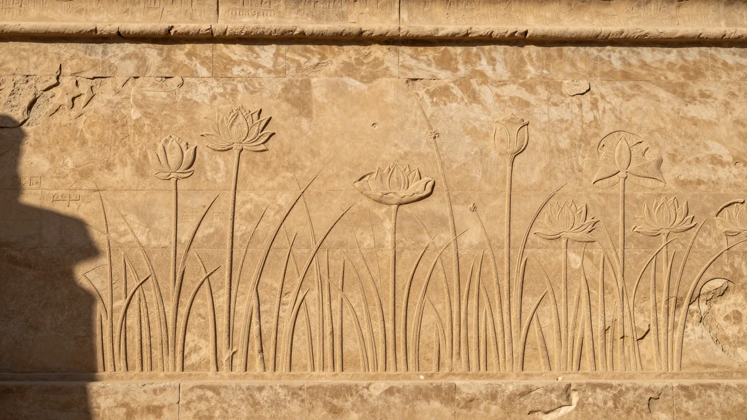 Eine verwitterte Tempelwand aus Sandstein mit flachen, abgeriebenen Reliefs von Schilf und Lotusblüten im Abendlicht