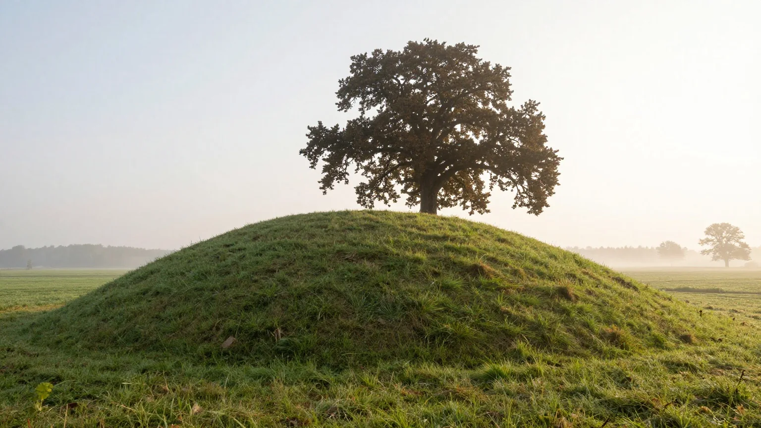 Ein großer runder Grabhügel mit Gras in einer grünen Agrarlandschaft, daneben eine einzelne Eiche im Morgennebel