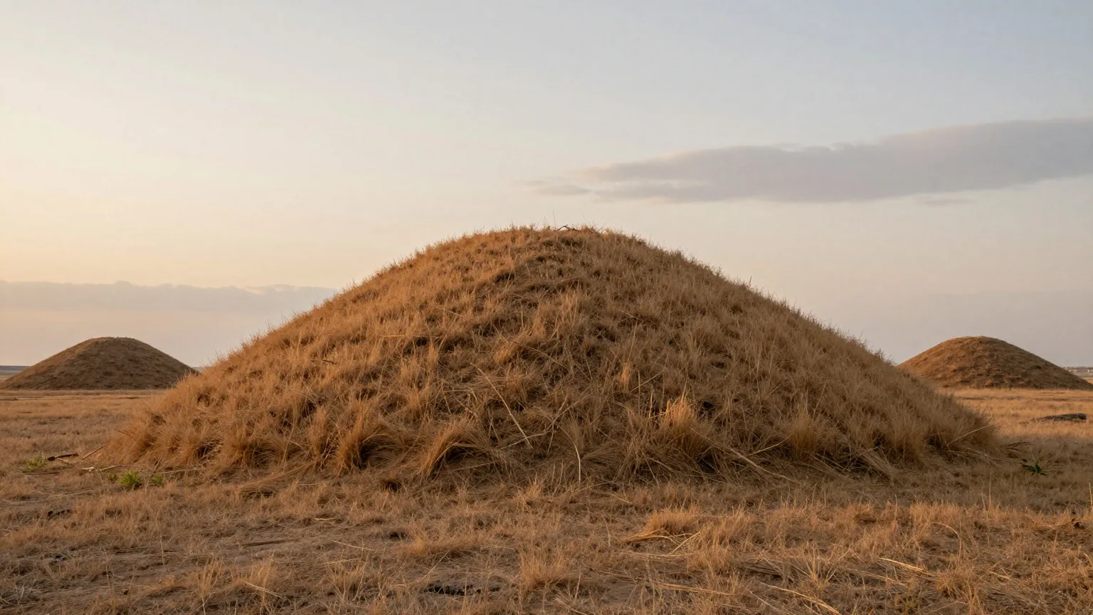 Ein riesiger grasbewachsener Grabhügel in der Steppe Zentralanatoliens, dahinter kleinere Hügel unter weitem Abendhimmel