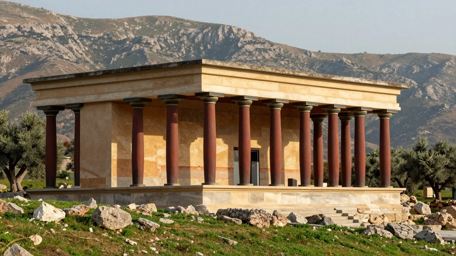Ruinen einer bronzezeitlichen Palastanlage auf Kreta mit rekonstruierten dunkelroten Säulen, dahinter Olivenbäume und Berge