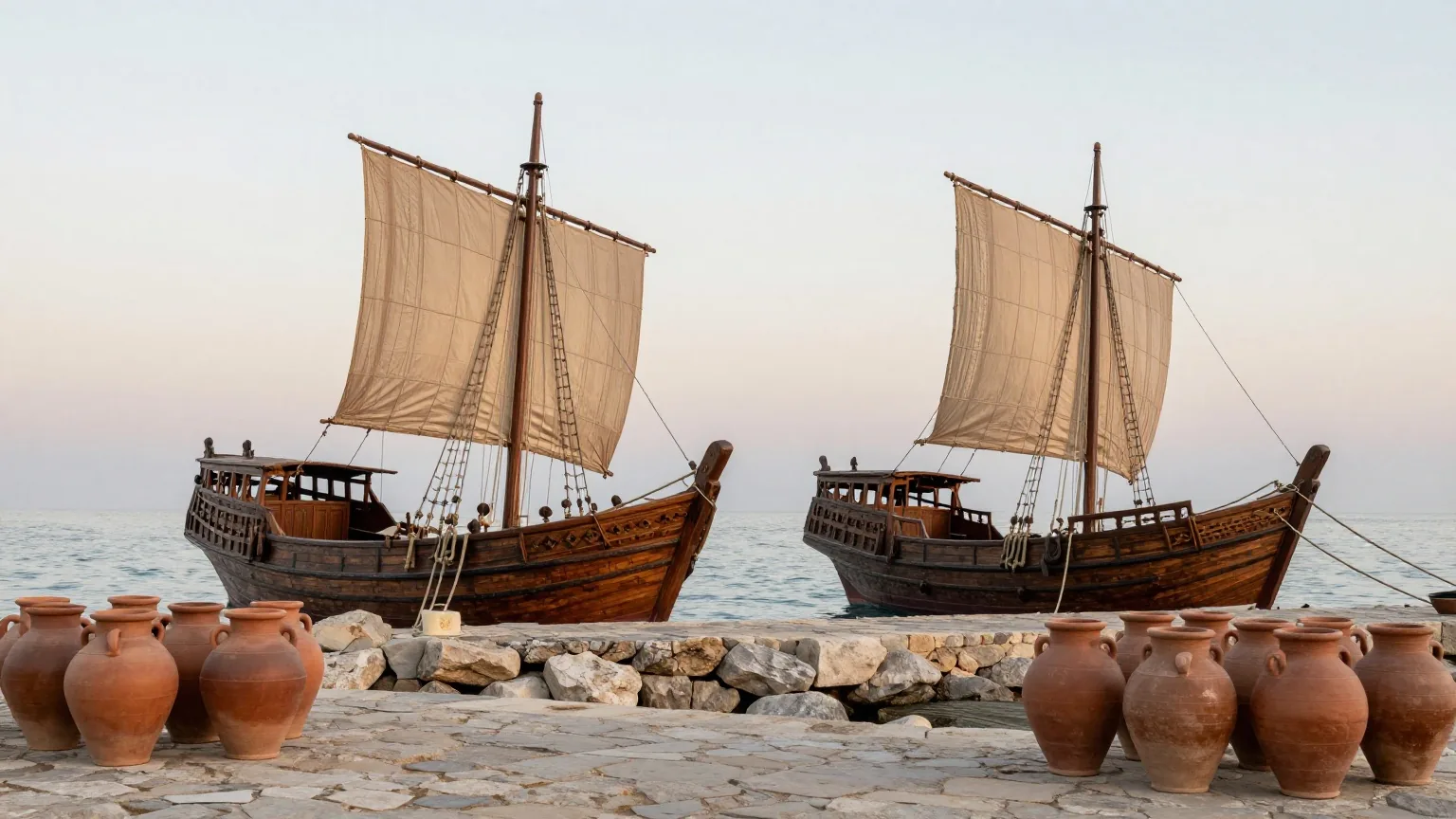 Ein antiker Hafen an felsiger Küste bei Sonnenaufgang, zwei hölzerne Handelsschiffe mit Rahsegeln liegen an einer Steinmole