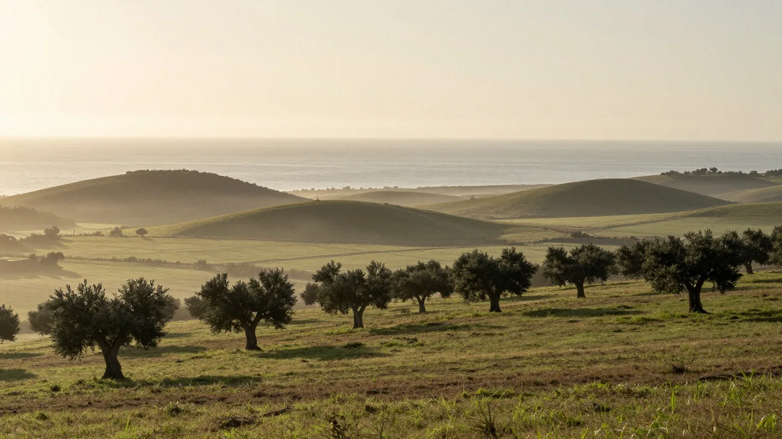 Eine weite grüne Küstenebene mit flachen Hügeln im Morgengrauen, in der Ferne das ruhige Meer