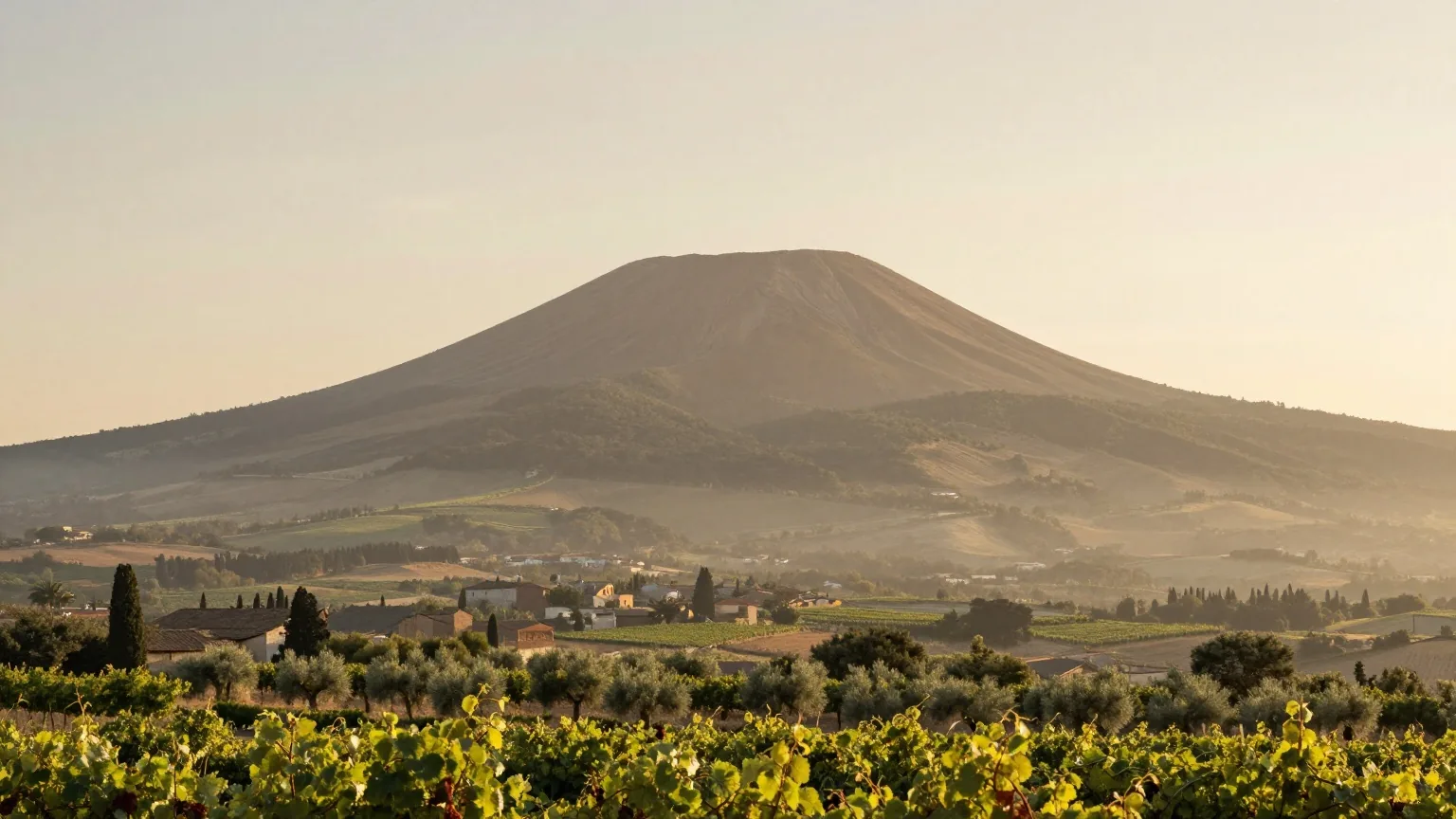 Der Vesuv erhebt sich über grünen Weinbergen und Olivenhainen in Kampanien im weichen Morgendunst
