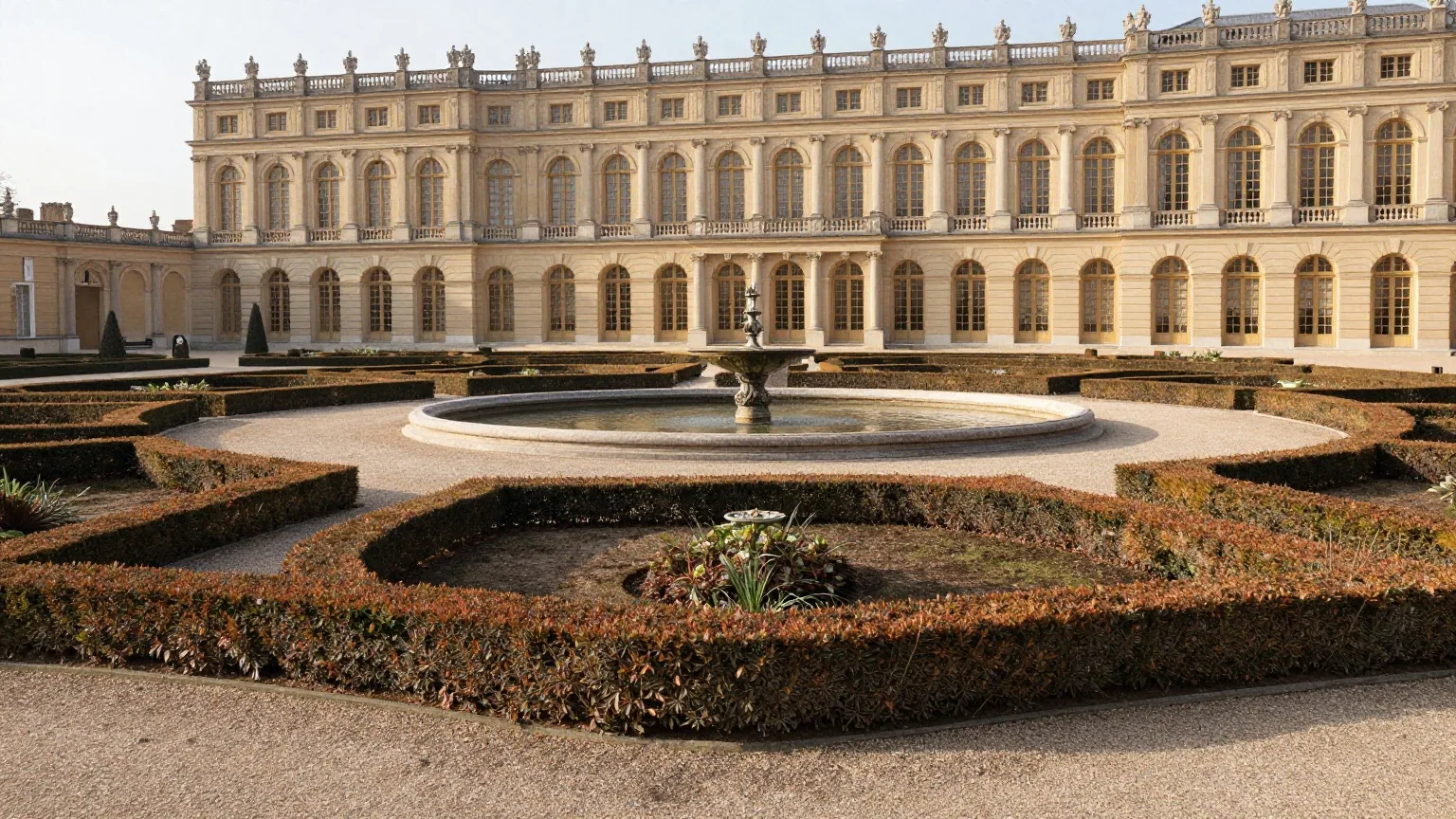 Ein barocker Garten mit geometrisch geschnittenen Hecken und rundem Brunnenbecken vor einer langen Schlossfassade
