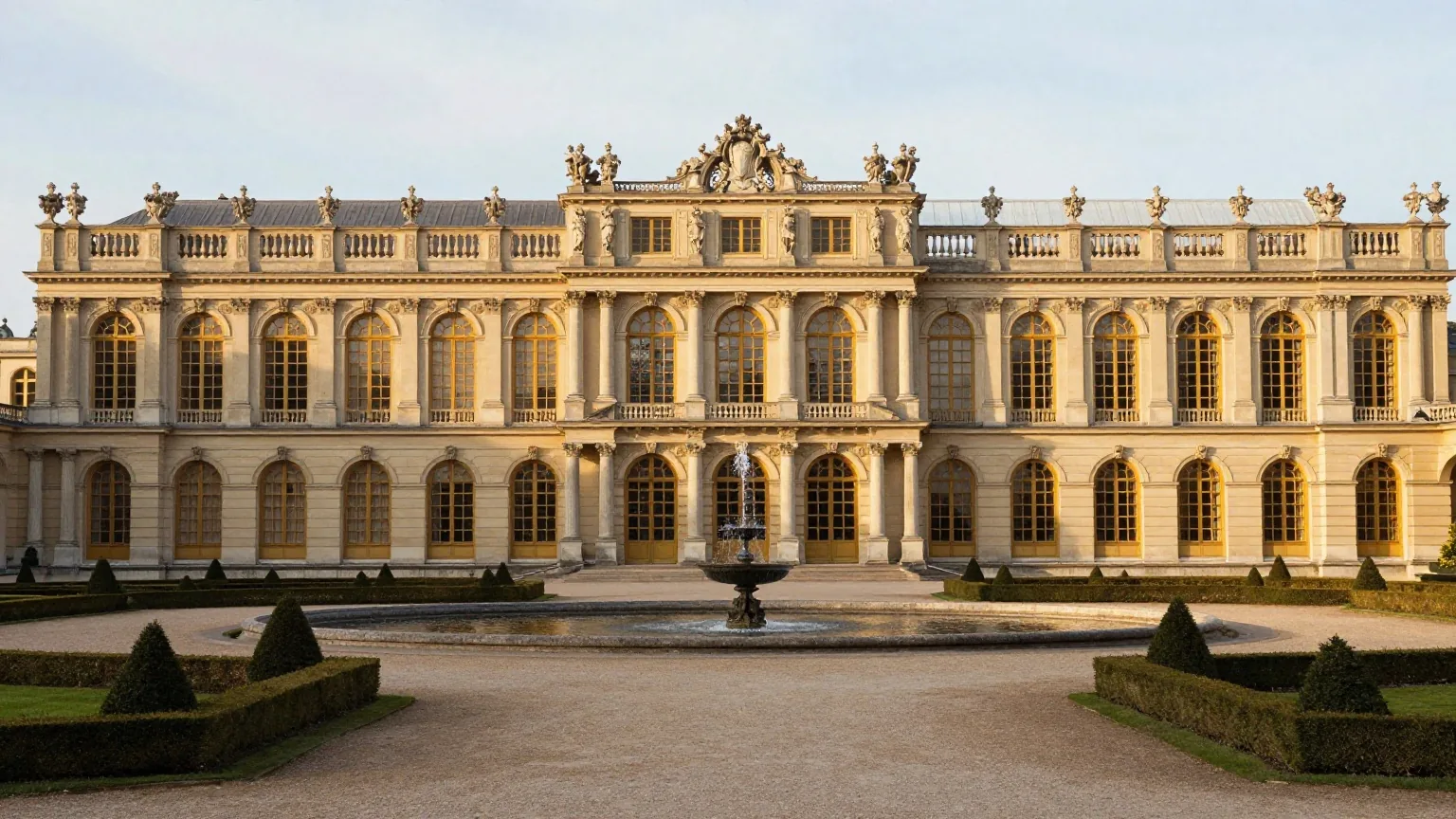 Eine barocke Schlossfassade mit vielen hohen Fenstern hinter einem symmetrischen Garten mit Hecken und Brunnen