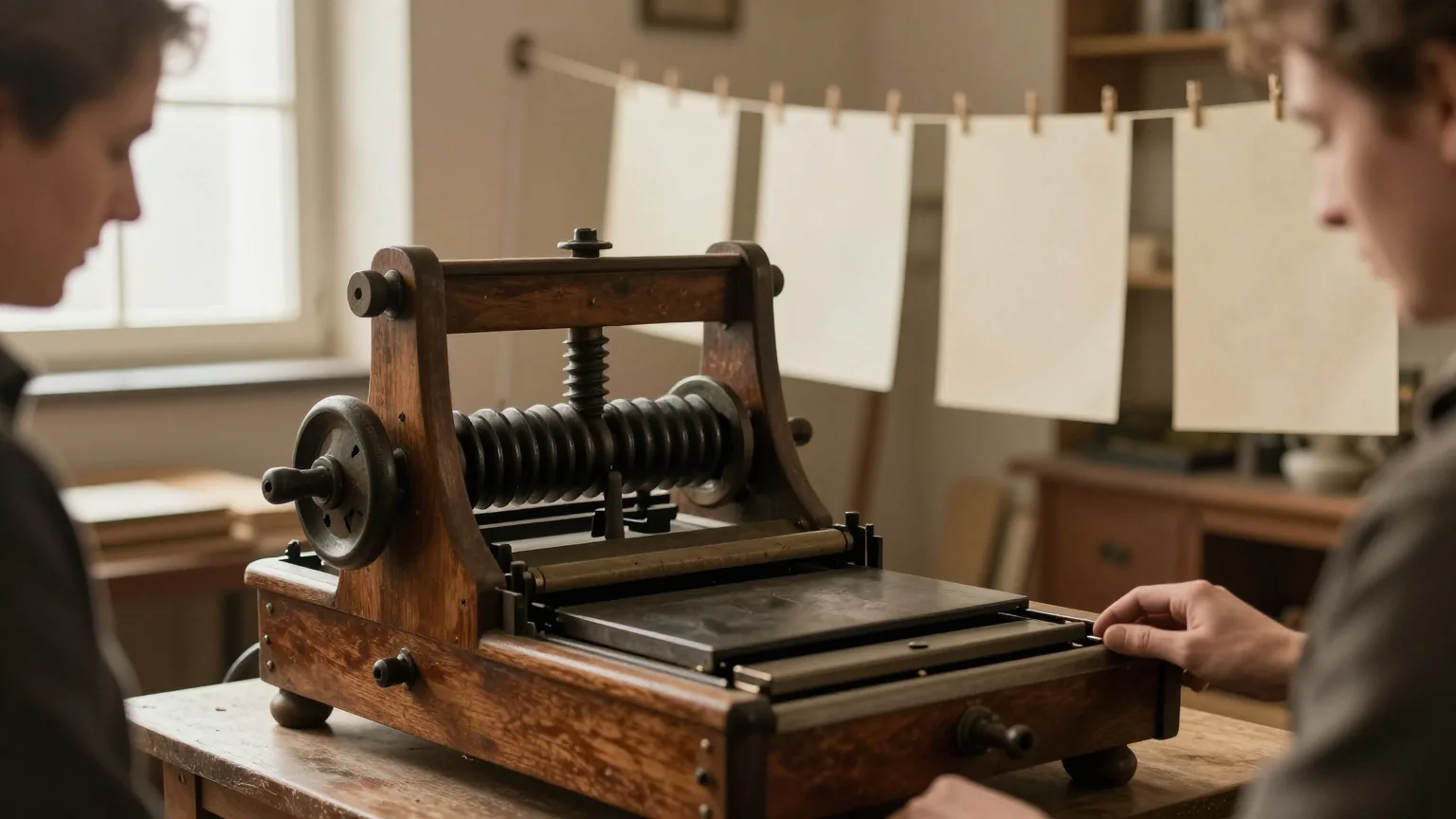 Eine alte hölzerne Handpresse mit großer Spindel in einer dämmrigen Werkstatt, daneben trocknen leere Papierbögen