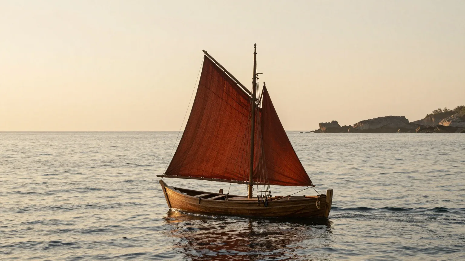 Eine kleine hölzerne Karavelle mit dreieckigen Segeln auf ruhigem Meer im Morgenlicht vor einer felsigen Küste