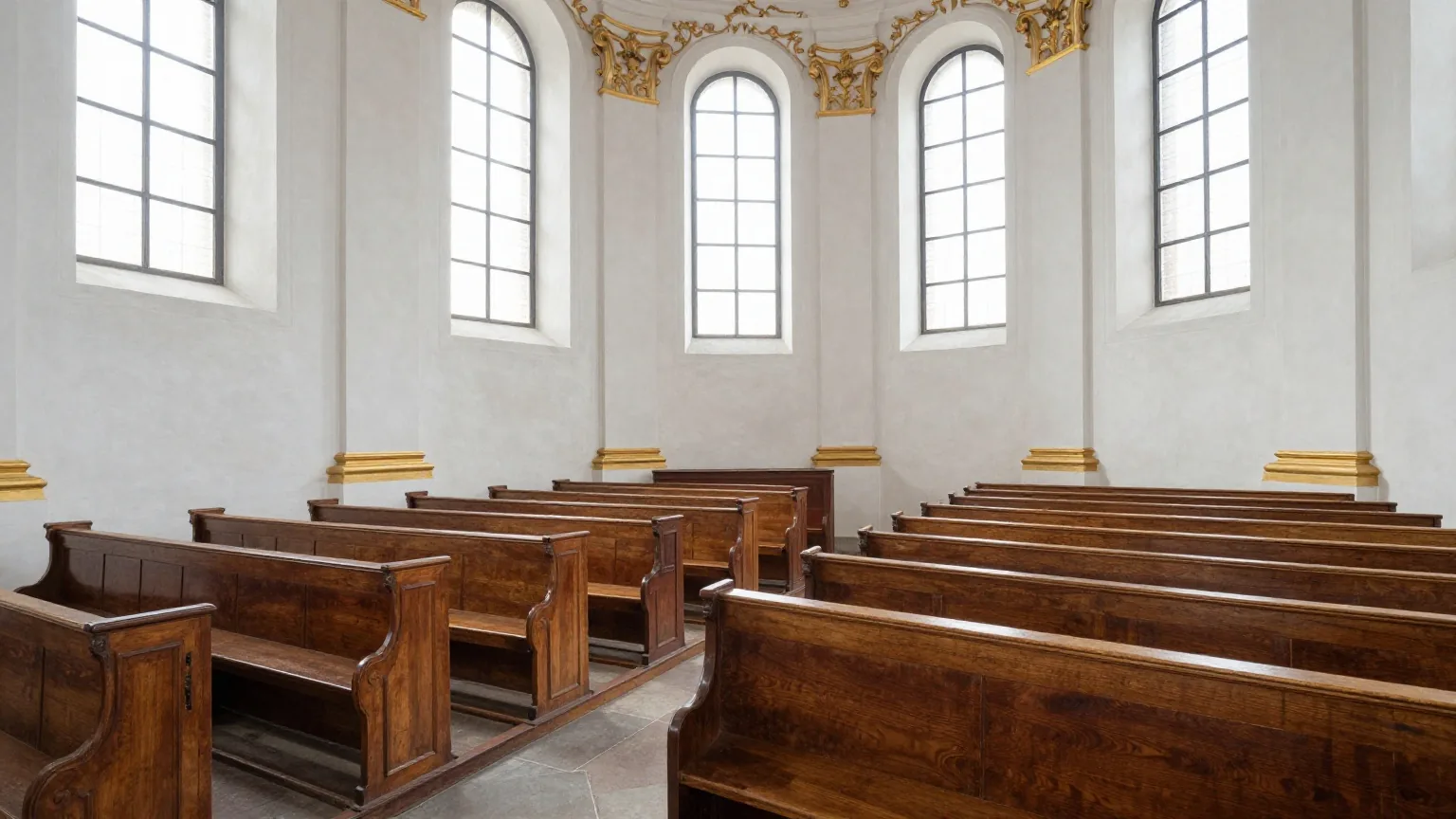 Das leere Kirchenschiff einer Barockkirche in Süddeutschland mit weißen Wänden, Goldstuck und Sonnenlicht auf Holzbänken