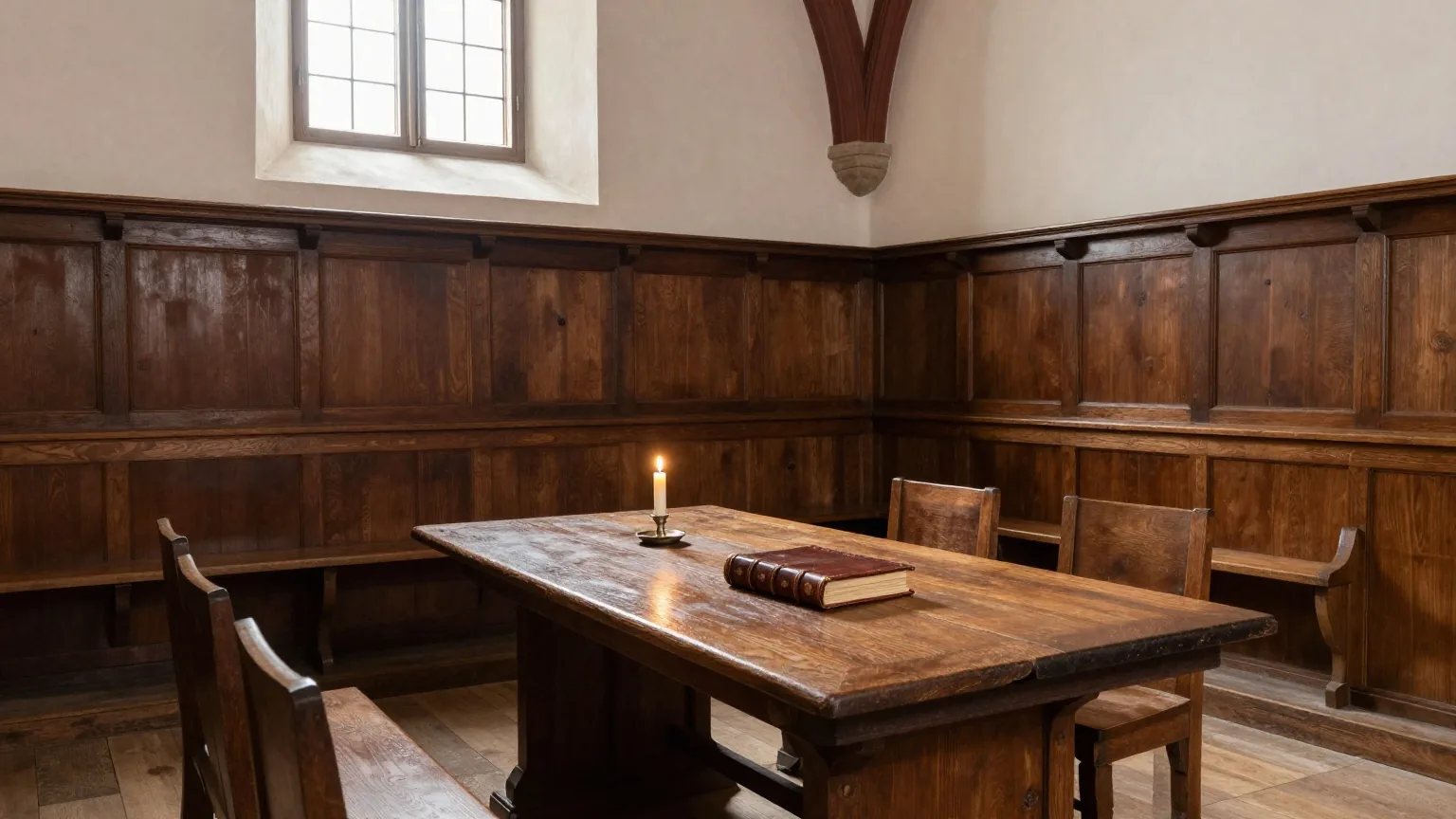 Ein dämmriger Gerichtssaal mit Gewölbe, leerer Richterbank aus Holz und einem geschlossenen Lederband auf dem Tisch
