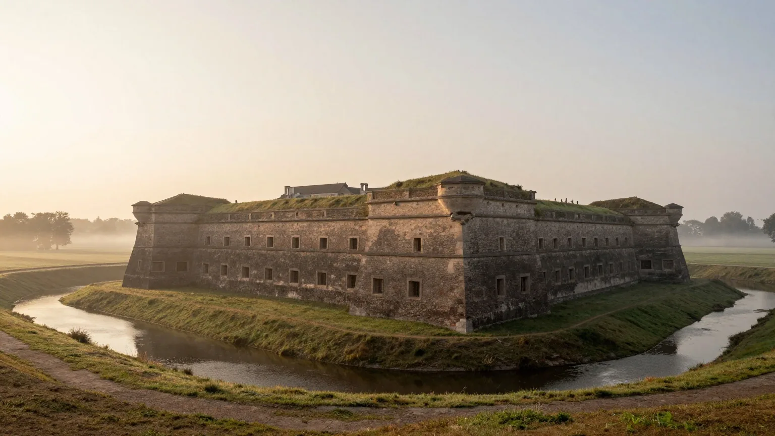 Eine sternförmige Barockfestung bei Sonnenaufgang mit grasbewachsenen Wällen und einem stillen Wassergraben im Morgennebel