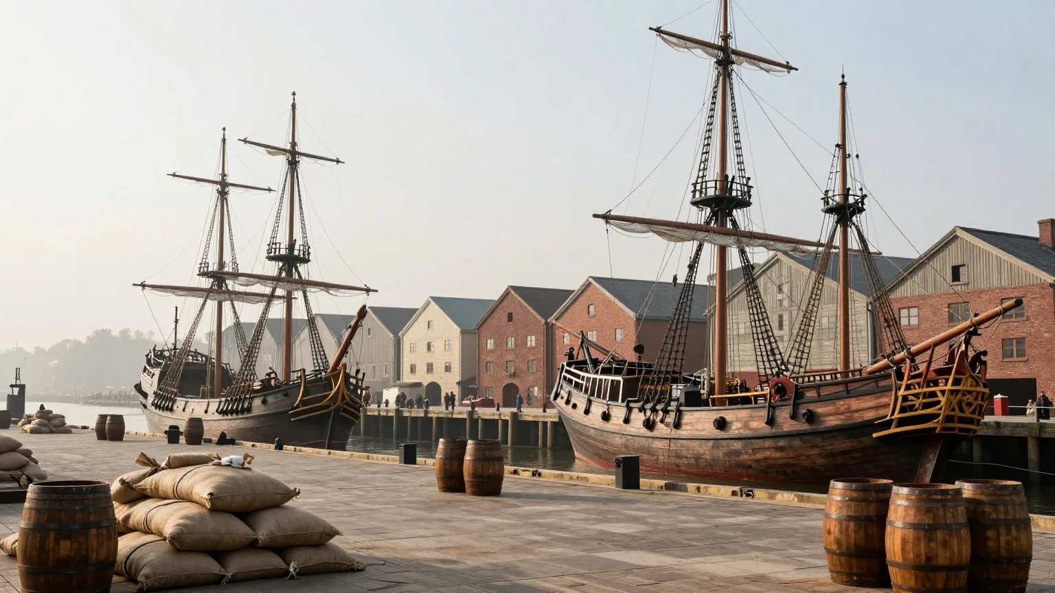 Ein Hafen des 17. Jahrhunderts mit großen Segelschiffen, Säcken und Fässern am Kai und Lagerhäusern mit Giebeln