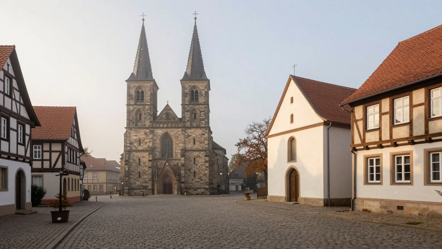 Ein stiller Fachwerkplatz im Morgennebel mit einer Kirche mit zwei Türmen und einer kleinen weißen Kapelle