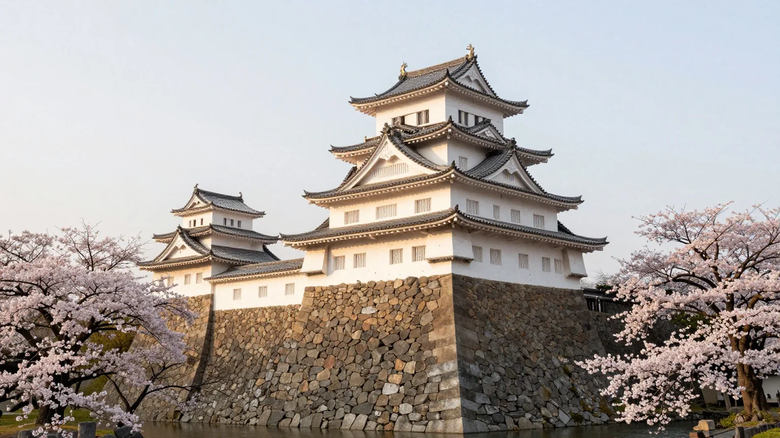 Eine japanische Burg mit weißen Wänden und geschwungenen Ziegeldächern über einem Steinsockel, davor blühende Kirschbäume