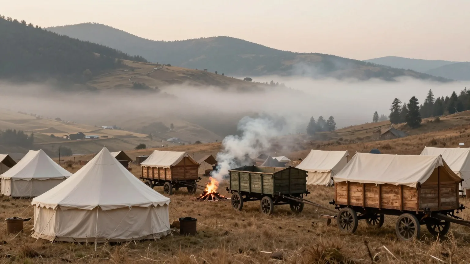 Ein Feldlager aus Zelten und hölzernen Versorgungswagen auf einer Wiese im Alpenvorland im Morgennebel
