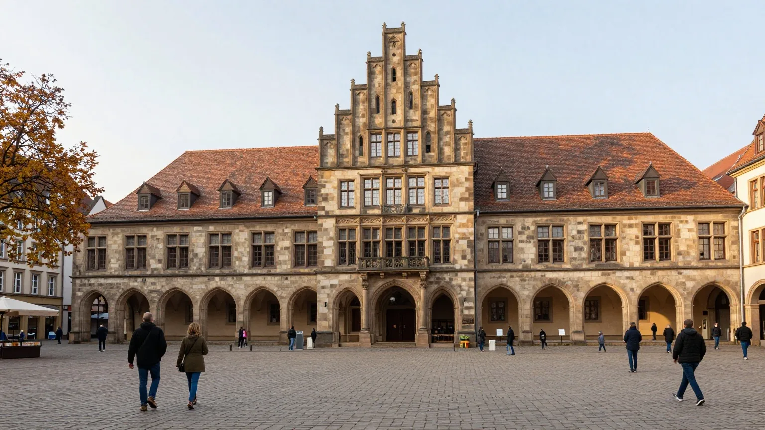 Ein historisches Rathaus aus Stein mit hohem gotischem Giebel und Laubengang an einem leeren Marktplatz im Herbstlicht