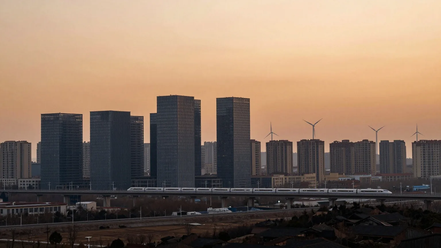 Blick in der Dämmerung über eine moderne Großstadt mit Glastürmen, Windrädern am Horizont und einem Schnellzug auf einer Brücke