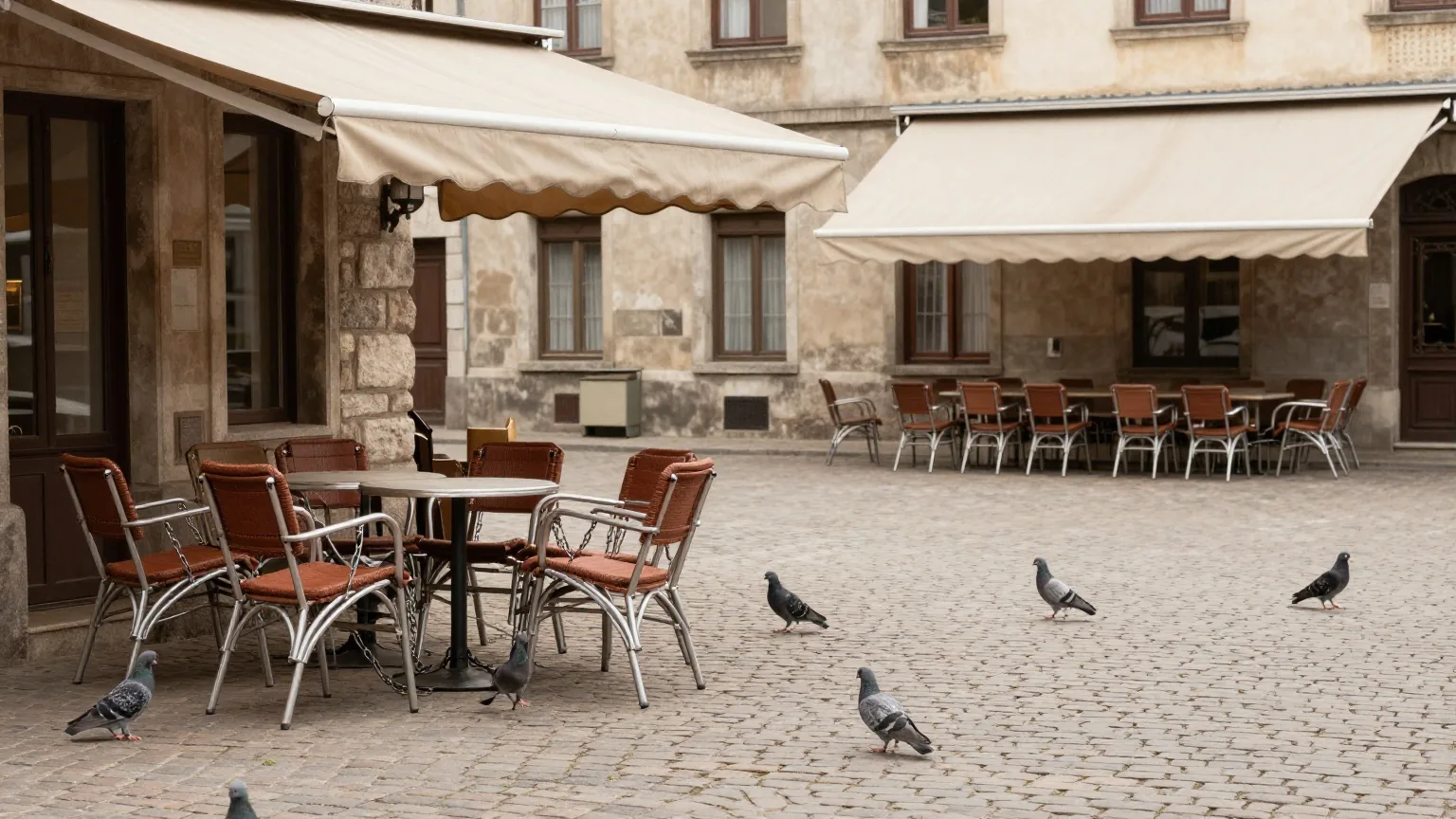 Ein leerer Stadtplatz am Morgen mit gestapelten Caféstühlen unter geschlossenen Markisen und Tauben auf dem Pflaster