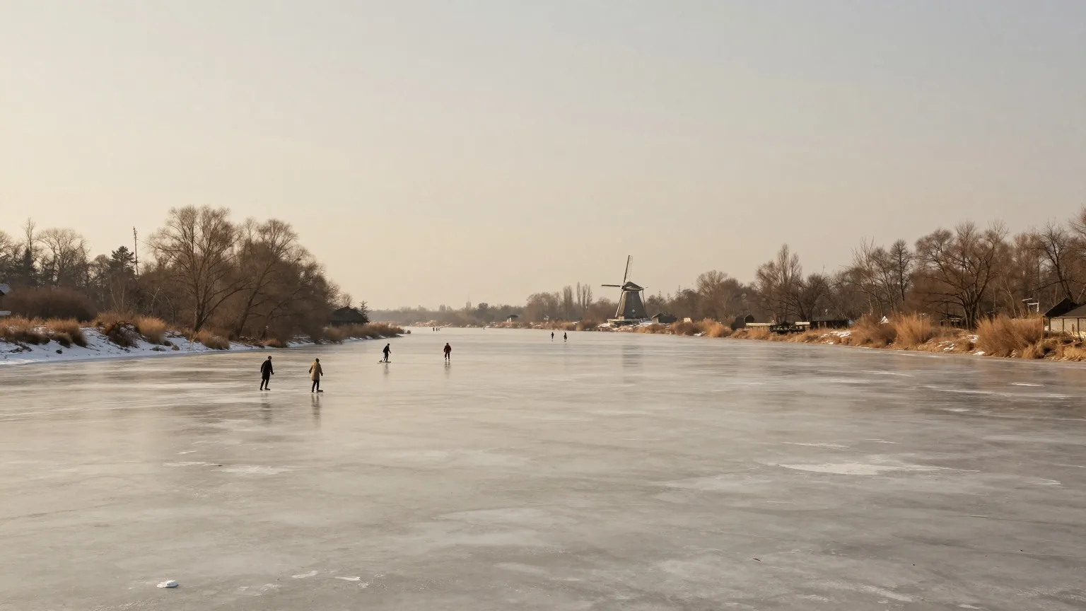 Ein zugefrorener Fluss in einer weiten Winterlandschaft mit kahlen Bäumen, einer Windmühle und fernen Schlittschuhläufern