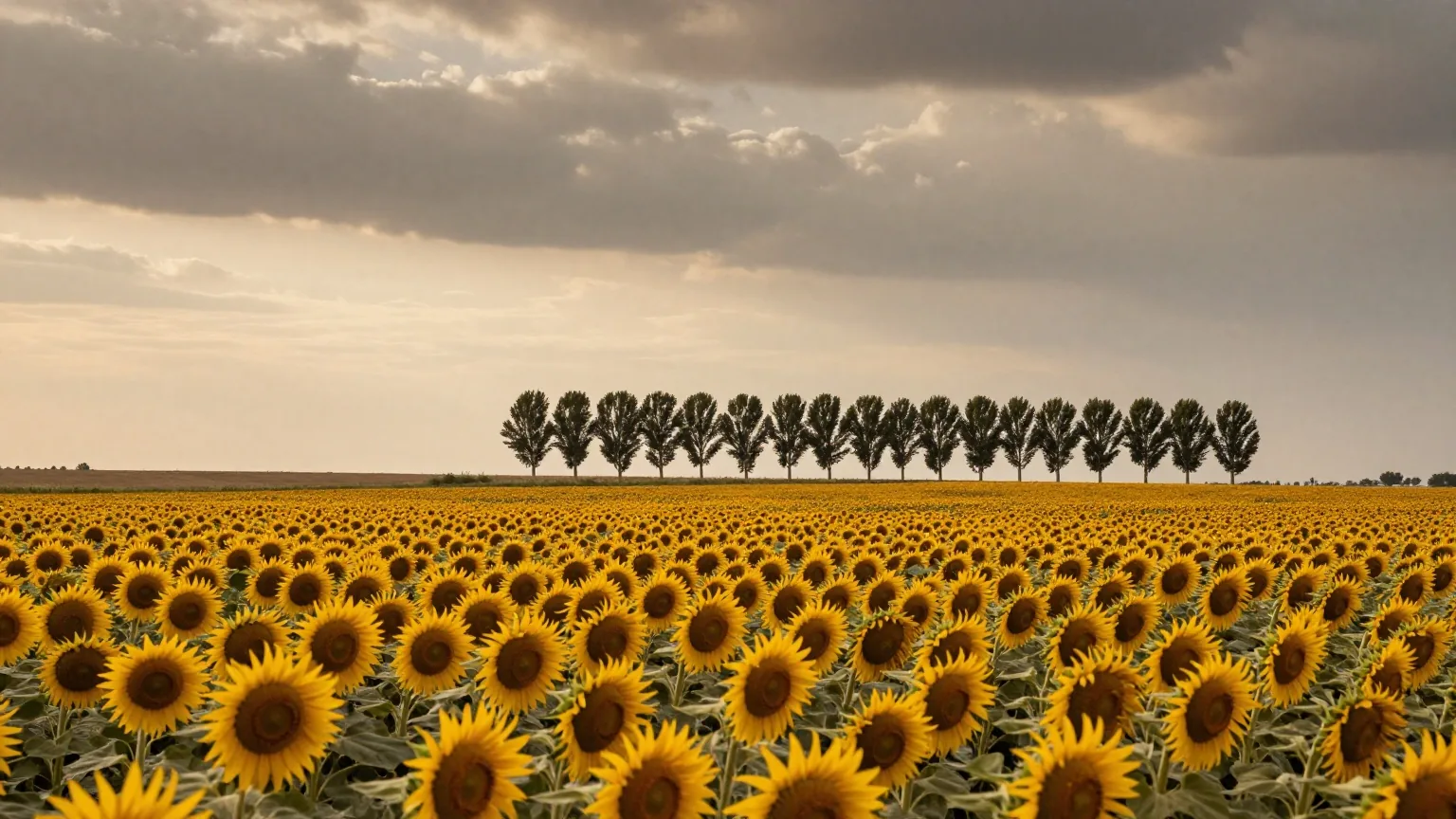 Ein weites Feld reifer Sonnenblumen unter schwerem Wolkenhimmel in der Dämmerung, am Horizont eine Pappelreihe