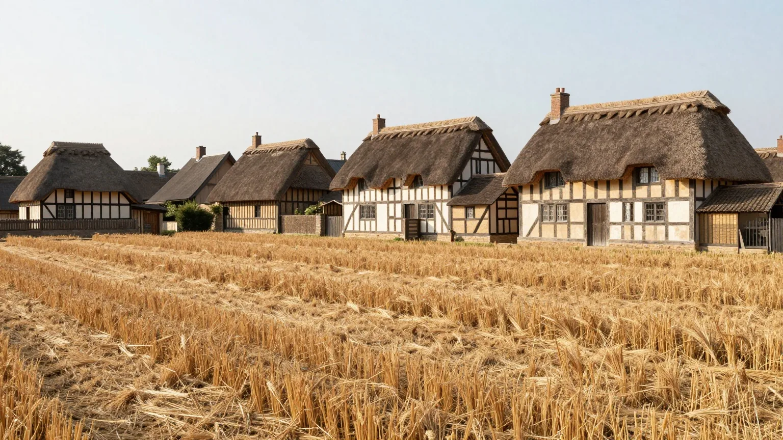 Ein mittelalterliches Dorf mit strohgedeckten Fachwerkhäusern neben langen Ackerstreifen zur Erntezeit mit aufgestellten Garben