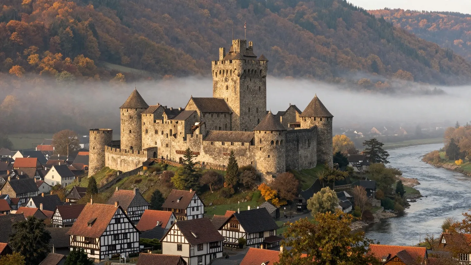 Eine mittelalterliche Steinburg auf einem bewaldeten Hügel über einem Flusstal im herbstlichen Morgennebel