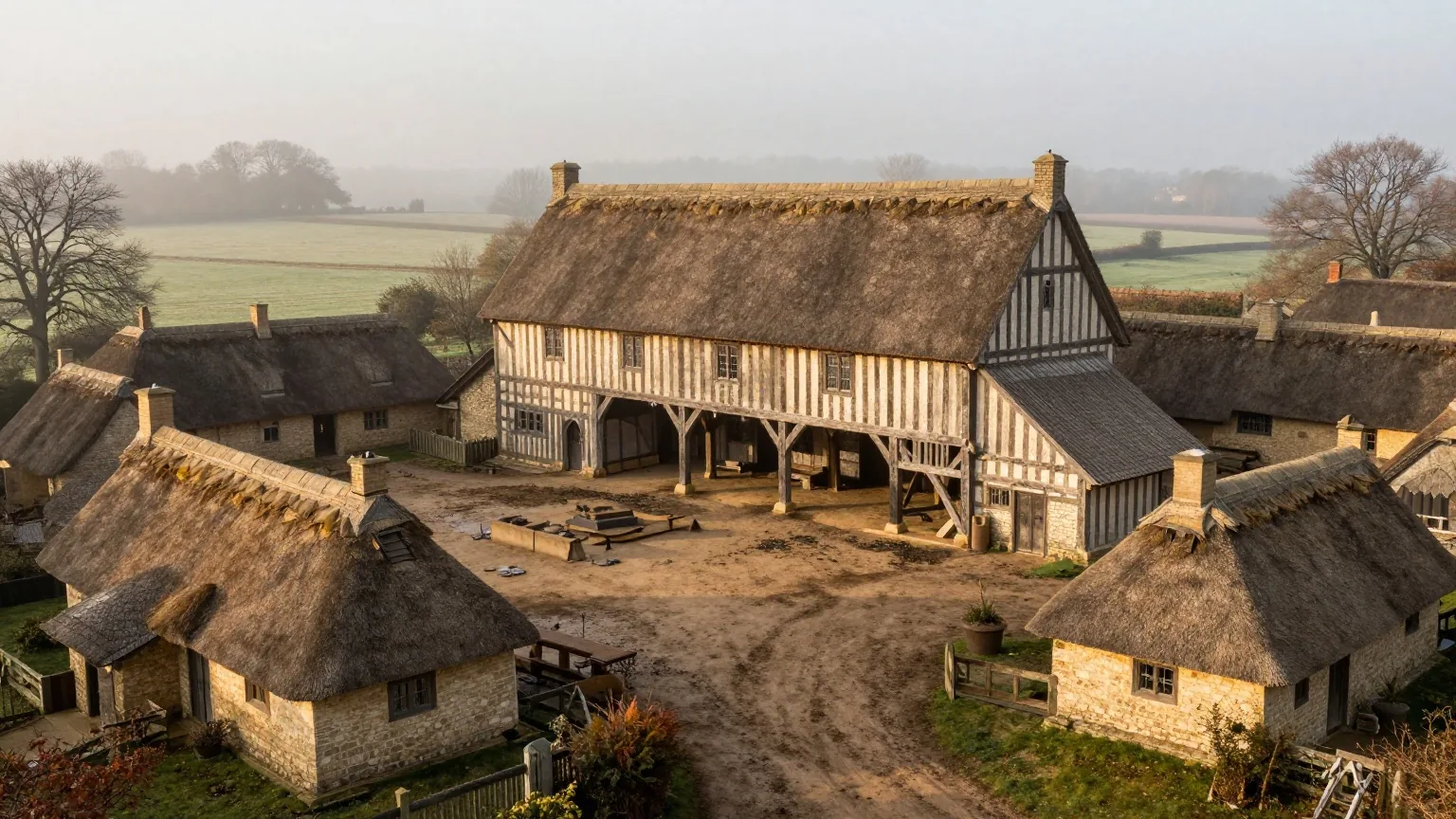 Ein mittelalterlicher Gutshof mit großer Holzscheune und strohgedeckten Hütten um einen Hof im Herbstnebel