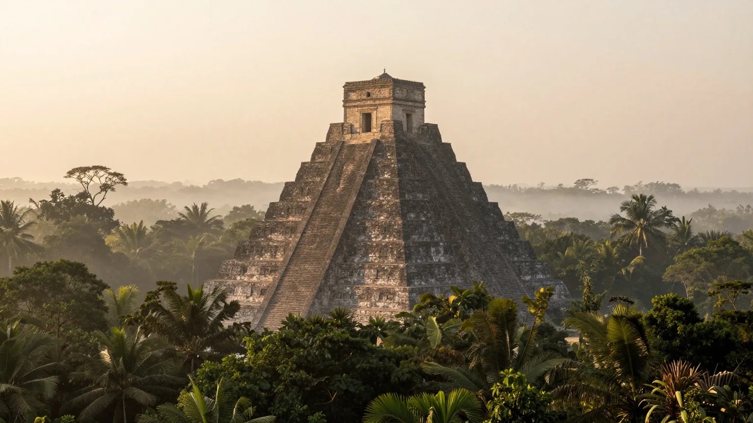 Eine hohe Stufenpyramide aus Stein ragt über dichten Regenwald, zwischen den Bäumen liegt Morgennebel