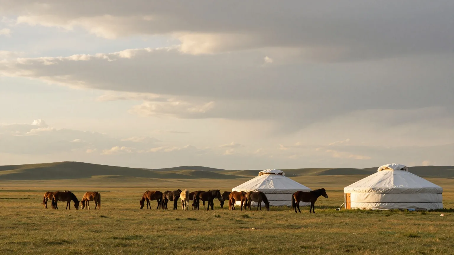 Eine weite grüne Steppe in der Mongolei mit grasenden Pferden und zwei weißen Jurten im Abendlicht
