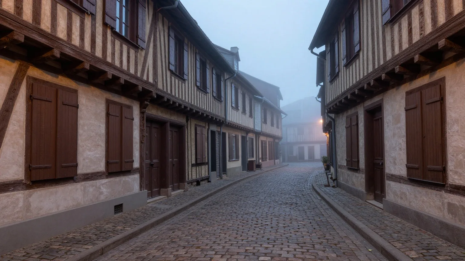 Eine leere enge Gasse mit Kopfsteinpflaster und Fachwerkhäusern in einer mittelalterlichen Stadt bei Nebel