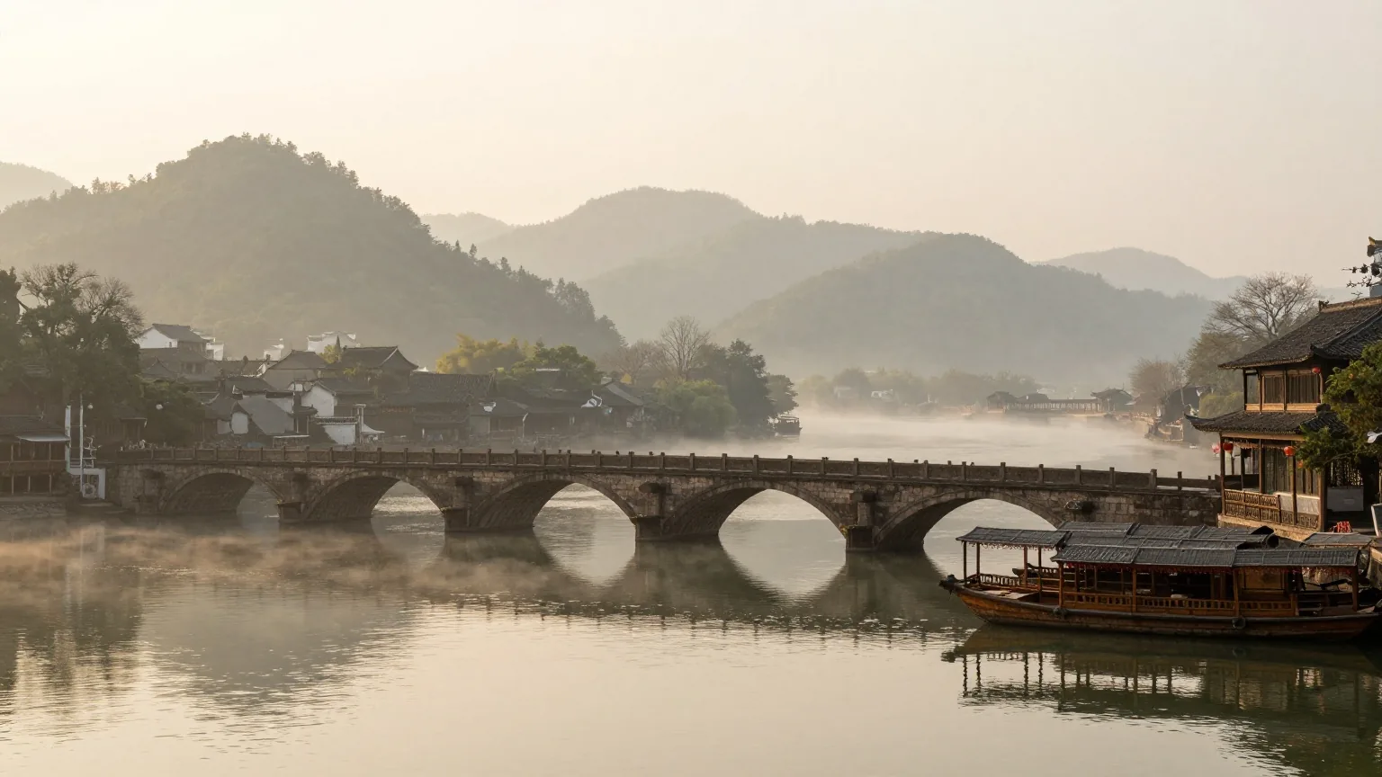 Eine steinerne Bogenbrücke über einem ruhigen Fluss, dahinter grüne Hügel im Morgendunst
