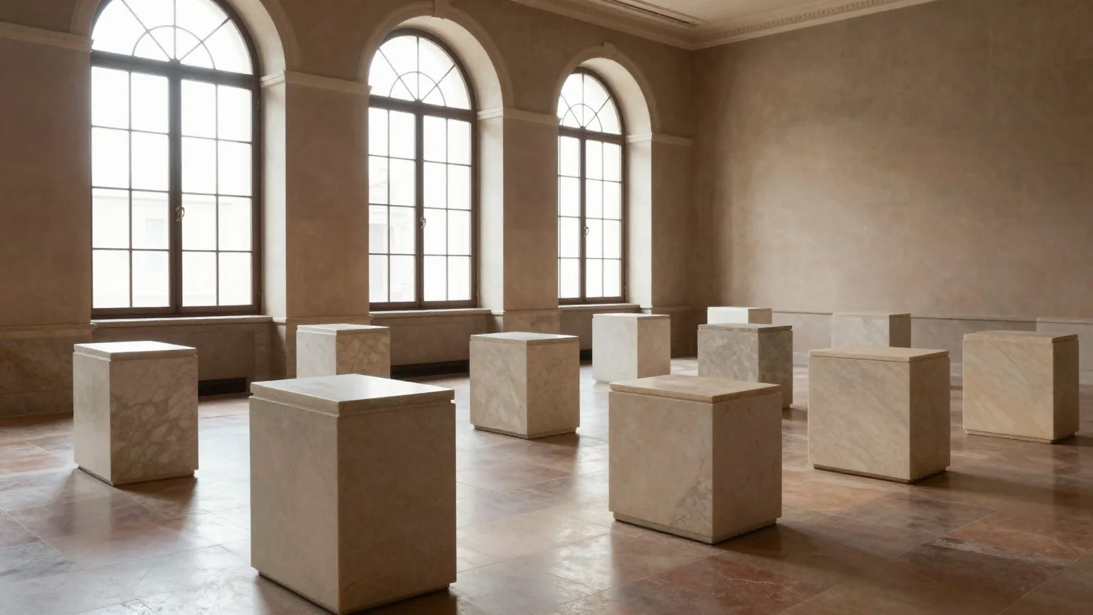 Eine stille Galerie mit leeren hellen Marmorsockeln, hohen Bogenfenstern und weichem Tageslicht auf glattem Steinboden